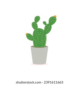 Cactus icons in a flat style on a white background. Home plants cactus in pots and with flowers. A variety of decorative cactus with prickles and without.