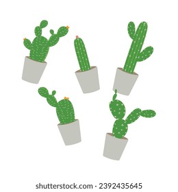 Cactus icons in a flat style on a white background. Home plants cactus in pots and with flowers. A variety of decorative cactus with prickles and without.