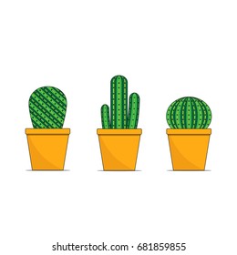 Cactus icons in a flat style on a white background. Home plants cactus in pots and with flowers.  vector. 