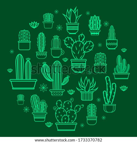 Cactus icons in a flat style on background. Home plants cactus in pots and with flowers. A variety of decorative cactus with prickles and without. Cactus poster