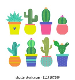 Cactus icons in a flat styled. Home plants cactus in pots and with flowers. A variety of decorative cactus with prickles and without. Vector illustration
