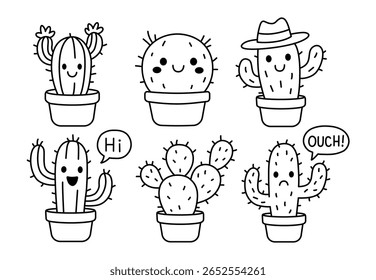 Cactus Icons Set – Hand Drawn Line Style Collection of Succulent and Cacti Plants