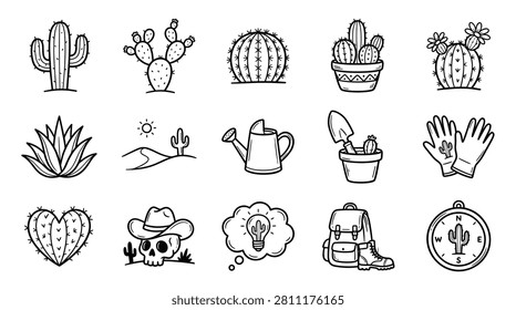 Cactus icons set, hand drawn cartoon doodle style. desert plants, succulent in pot, agave with flower. creative gardening elements collection. collection of tropical flora, wildlife, and adventure.