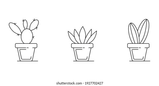 Cactus icons set. Linear drawing. Flowerpot. Vector illustration in flat style