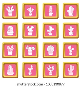 Cactus icons set vector pink square isolated on white background 