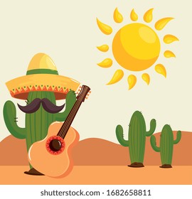 cactus and icons traditional of cinco de mayo vector illustration design