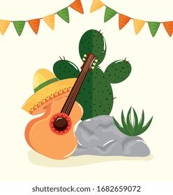 cactus and icons traditional of cinco de mayo vector illustration design