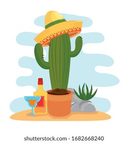 cactus and icons traditional of cinco de mayo vector illustration design