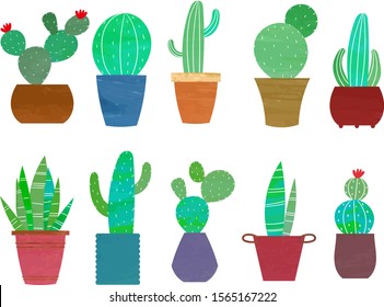 Cactus illustration set with watercolor blots and textures