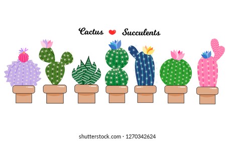 Cactus illustration set.Vector office and house interior plants in pots.