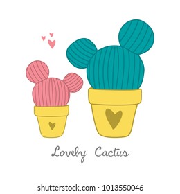 Cactus Illustration Vector Doodle Art Style, for Valentine's Day Greeting Card "Lovely Cactus" Hand Drawn