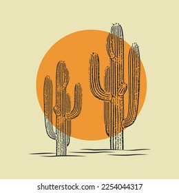 Cactus illustration wild west desert vintage design. Cacti plant with sun logo vector line art minimalist symbol