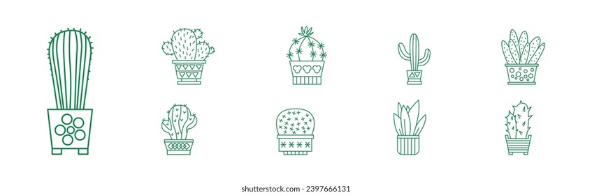 Cactus Indoor Houseplant Growing in Pot Line Icon Vector Set