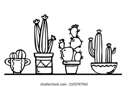 Cactus indoor plants in pots. Exotic home thorns. Outline hand drawn sketch. Drawing with ink. Isolated on white background. Vector.