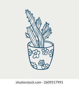 cactus inside beautiful pot decorated with flowers, doodle isolated on white background