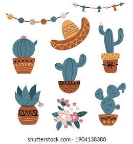 Cactus isolated cartoon set icon. Vector illustration. Mexican cacti on white background.