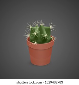 Cactus isolated on dark background. Realistic Cactus in colorful ceramic pot. Vector EPS 10 illustration