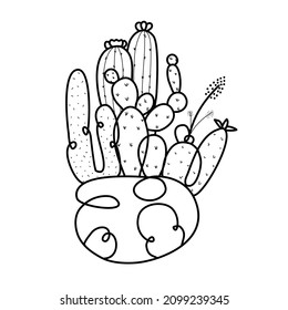 Cactus isolated in the pot, vector illustration, black lines on white background.
