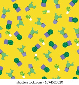 Cactus isolated, seamless pattern. Green plant. Yellow flat vector stock illustration. Texture for printing on wrapping paper, fabric. Plant in the pot. Bright illustration of a cactus