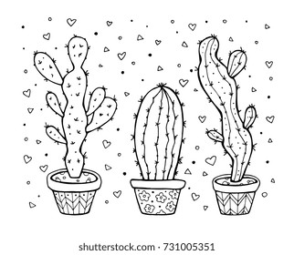 Cactus isolated. Set collection. Home plants in pots. Exotic, tropical. Vector artwork. Black and white, monochrome. Coloring book pages for adult, kids. Boho, bohemian, zentangle print. Logo, label