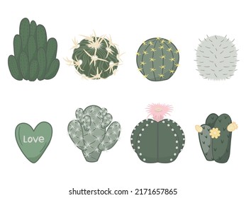 Cactus and juicy set in doodle style. Various green house cacti collection in flat design. Editable vector illustration on white background. 