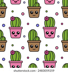 Cactus kawaii seamless pattern. Childish background with cartoon cacti. Vector illustration cute potted plants in flat style. Design for cover, paper, fabric.