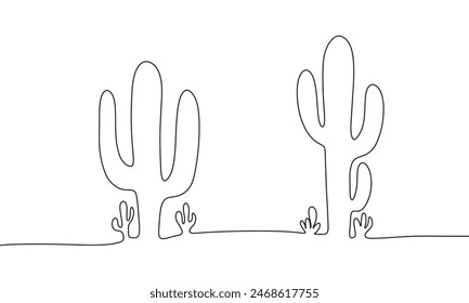 Cactus landscape one line continuous. Desert view line art. Hand drawn vector art.