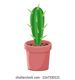 Cactus with large thorns in pot isolated vector. Desert plant for interior room, office or apartment. Botanical natural decoration succulent cartoon