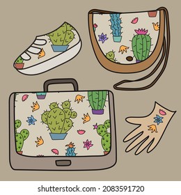 Concepto de cuero cactus. Bolsos de mano, zapatos y guantes dibujados a mano hechos con letera de cactus. Producto ecológico. Ilustración vectorial de estilo Doodle.