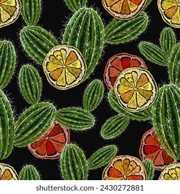 Cactus and lemon slice seamless pattern. Embroidery. Mexican culture style. Spring dessert. Fashion template for kids clothes, t-shirt design