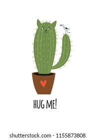 cactus like a cat with little bird,vector illustration
