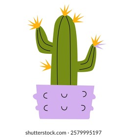 Cactus in Lilac Pot. House Plant Vector Illustration. 
