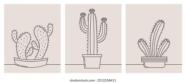 Cactus line art. desenho de cactos com linha preta arte minimalista, pintura de cactos para decoração de casa, caderno, etc