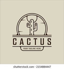 Cactus Line Art Logo Minimalist Vector Illustration Template Icon Graphic Design. Simple Botanical At Desert Sign Or Symbol Concept With Badge