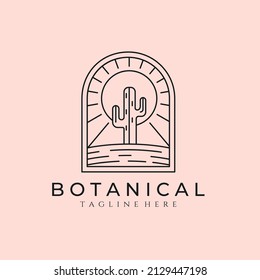 cactus line art logo with the sun vector symbol illustration design, river plant badge emblem logo design