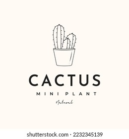 cactus line art logo vector minimalist illustration design, prickly cactus in pot logo design