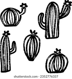 Cactus. Textura de línea, esbozo, contorno. Conjunto de vectores.