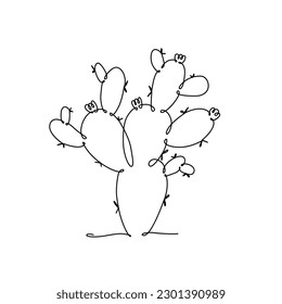 CACTUS LINE ART. Vector cactus Opuntia. Continuous Line Drawing for print poster, card, sticker tattoo tee with bunny ears cactus. One Line art black Hand Drawn simple Illustration on White Background