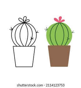 Cactus line and flat color illustrations. Home plants in pots. Vector cute cactus in simple and outline style isolated on white background
