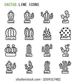 Cactus line icons,  Set of simple cactus sign line icons, Cute cartoon line icons set, Vector illustration, Cactus related line icons, Types of cactus 