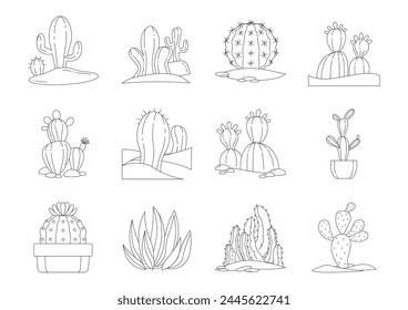 cactus line illustration set hand drawn with flower.