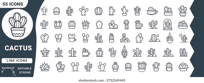 Cactus line set with editable stroke line outline succulent