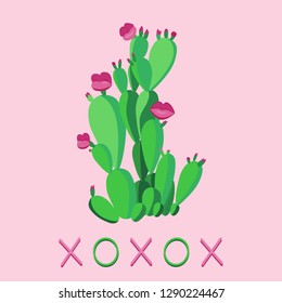 Cactus with lips instead of flowers with "hugs and kisses" signs in the bottom on pink background. Vector illustration for a postcard or poster dedicated to St Valentine's day or love in general