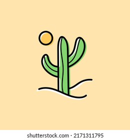 cactus con pequeño dibujo simple de sol ilustración vectorial con diseño gráfico de estilo de color superpuesto