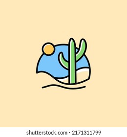 Cactus With Little Sun Simple Drawing In Desert Land Vector Illustration With Overlap Color Style Graphic Design