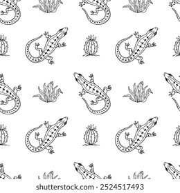 Cactus and lizard seamless pattern. Hand drawn black outline western core vector illustration.