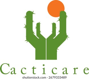 Cactus logo with caring hands and sun symbolizing protective care.