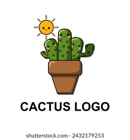 Cactus logo cartoon so cute. On sun white background. Vector illustration. 