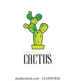 Cactus logo design, creative emblem with potted plant vector Illustration on a white background