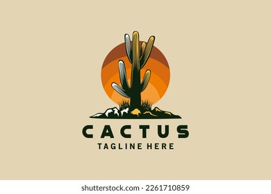 Cactus logo design with creative vintage sun background